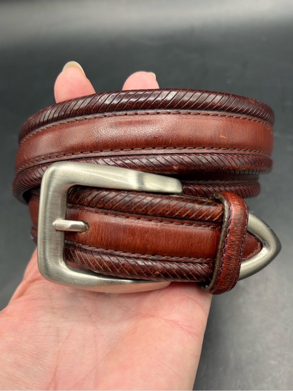 Brighton Men's Chestnut Brown Braided-Edge Leather Belt